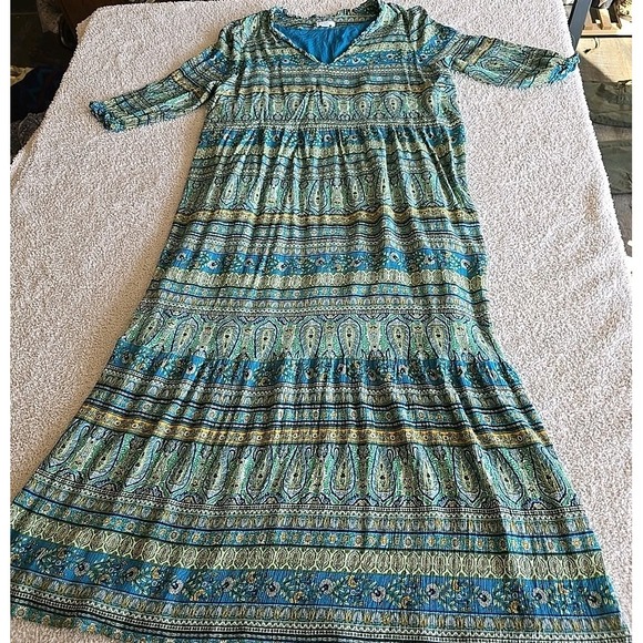 J Jill Long Dress 3/4 Sleeve V-neck Green Blue Paisley Size L Boho Cottagecore - Picture 6 of 15